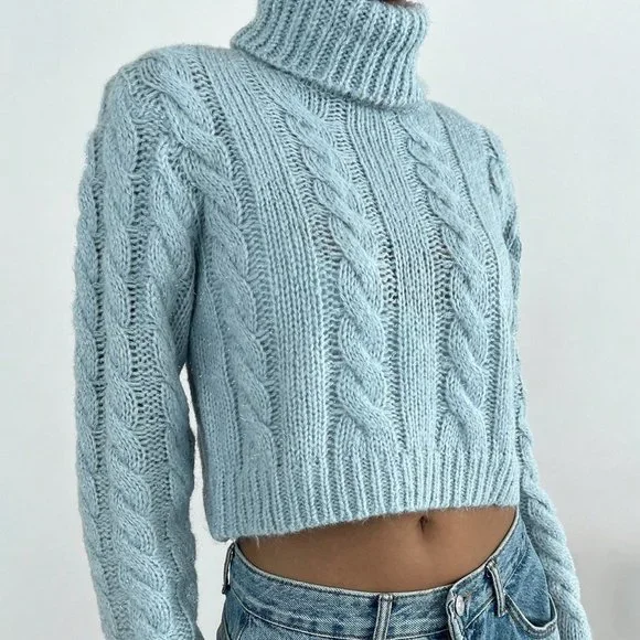 Casual Turtleneck Cable Knit Turtleneck Crop Sweater Blue - Picture 4 of 7